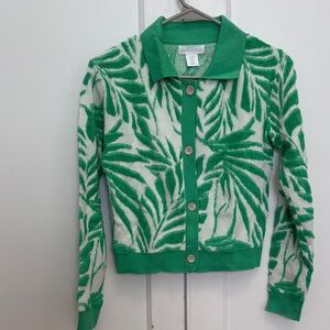 Cynthia Rowley Green and White Leaf-Pattern Collared Cardigan